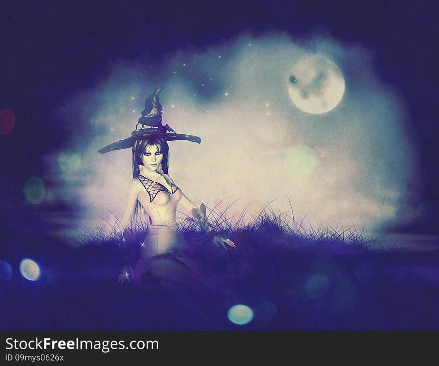 Halloween background with witch woman conjuring at night. Halloween background with witch woman conjuring at night.