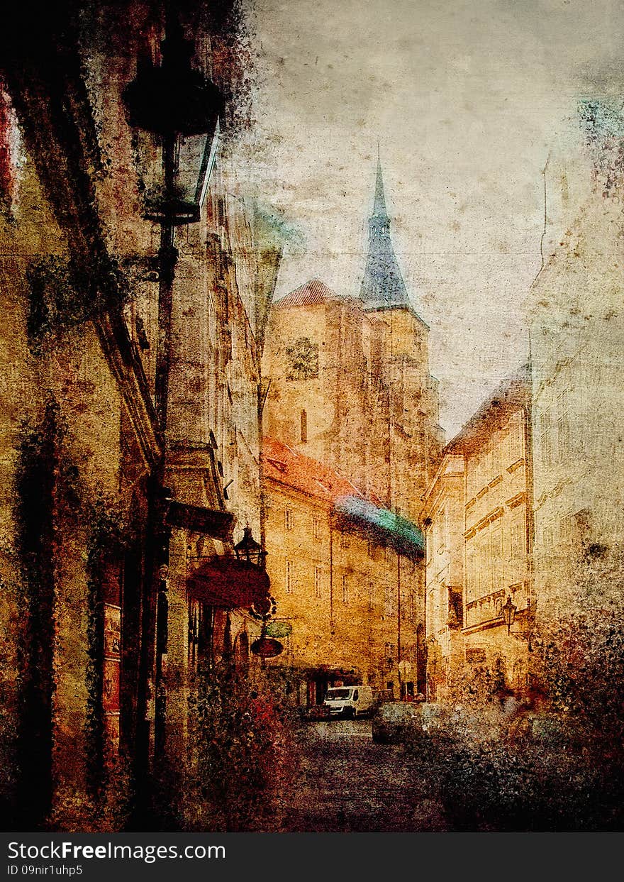 Vintage retro effect textured panoramic image of Prague. Grunge illustration