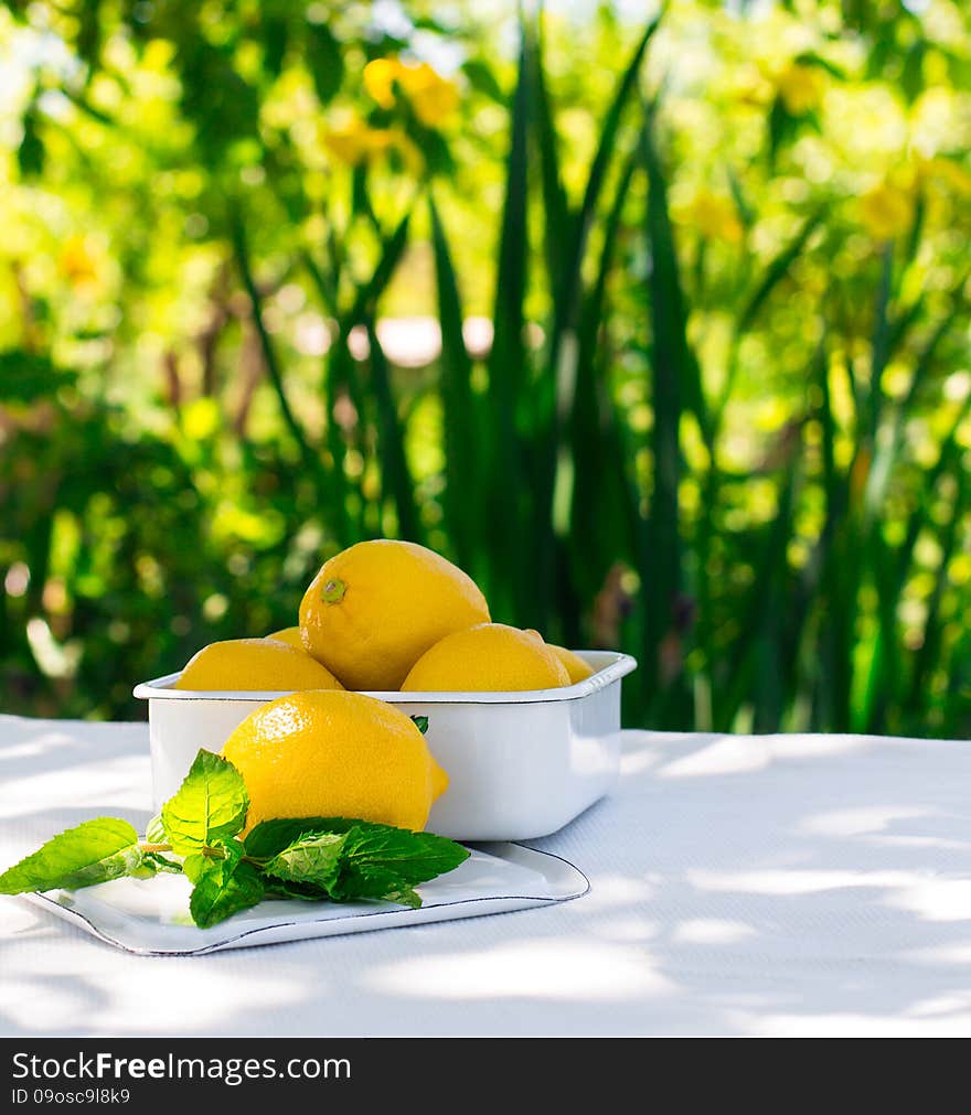 Fresh lemons on the table on natural background. Selective focus. Fresh lemons on the table on natural background. Selective focus.