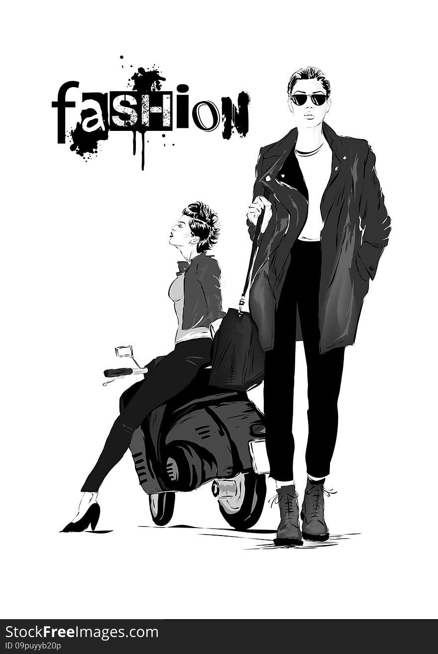 Fashion girl in sketch-style