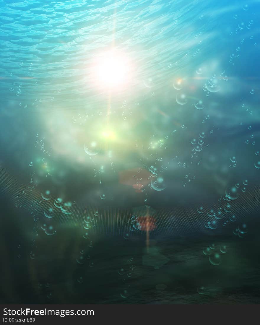 Colorful abstract underwater landscape with sunbeams and bubbles.