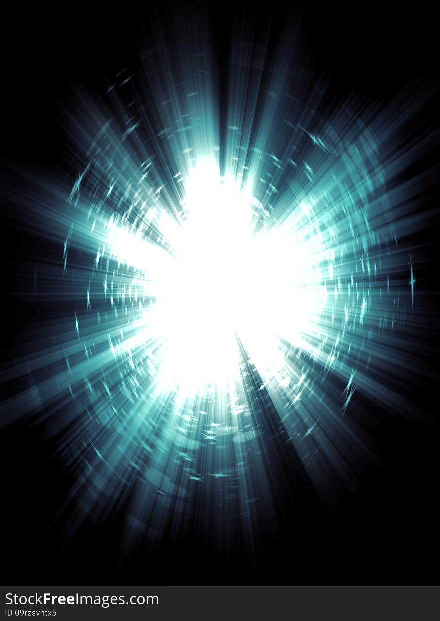 Bright blue light burst, explosion on dark background. Bright blue light burst, explosion on dark background.