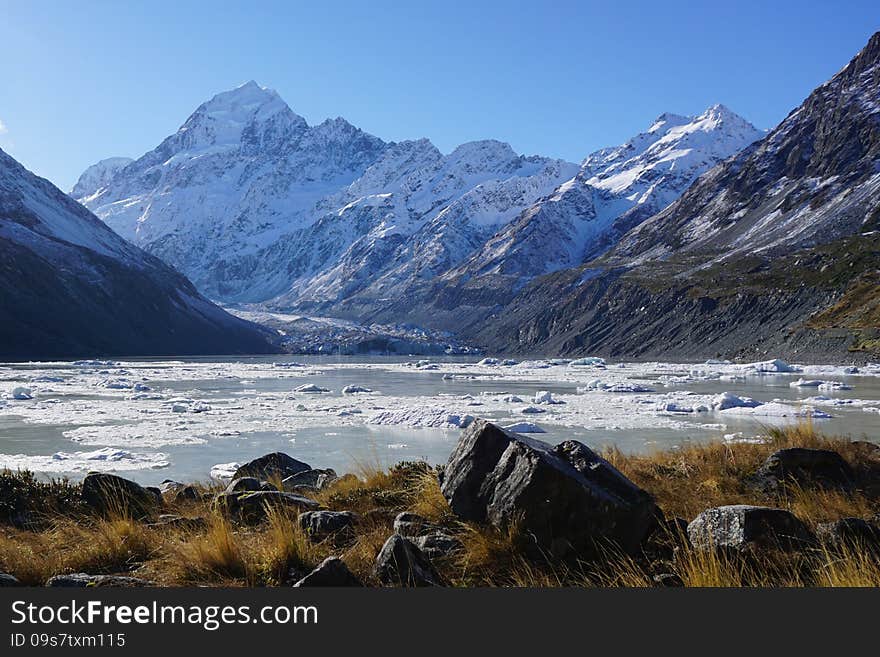 Snow covered Mount Cook peak and mountain range in southern New Zealand, Glacier Lake. Snow covered Mount Cook peak and mountain range in southern New Zealand, Glacier Lake