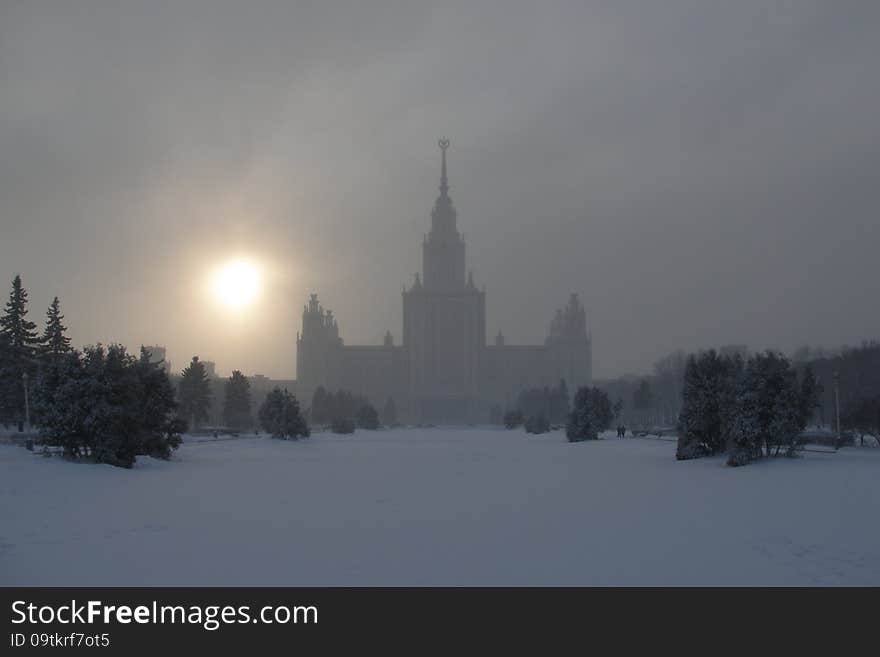 Moscow State University in a haze at -32C, winter sunset time. 236 meters high. Moscow State University in a haze at -32C, winter sunset time. 236 meters high.