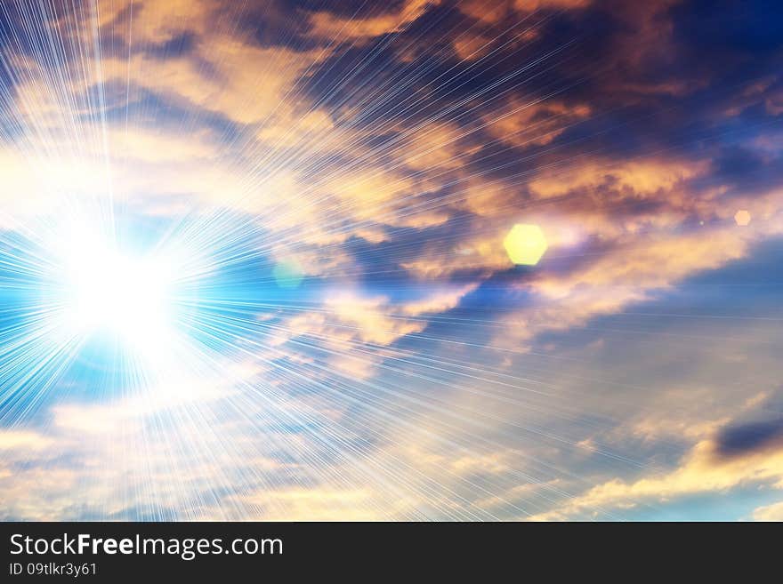 Dramatic sky background with UFO lights, surreal landscape.