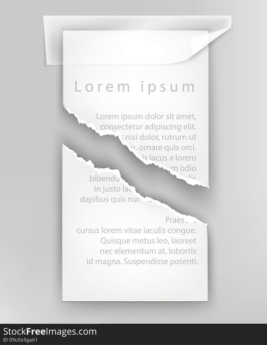 Torn paper for text, ripped sheet with adhesive tape