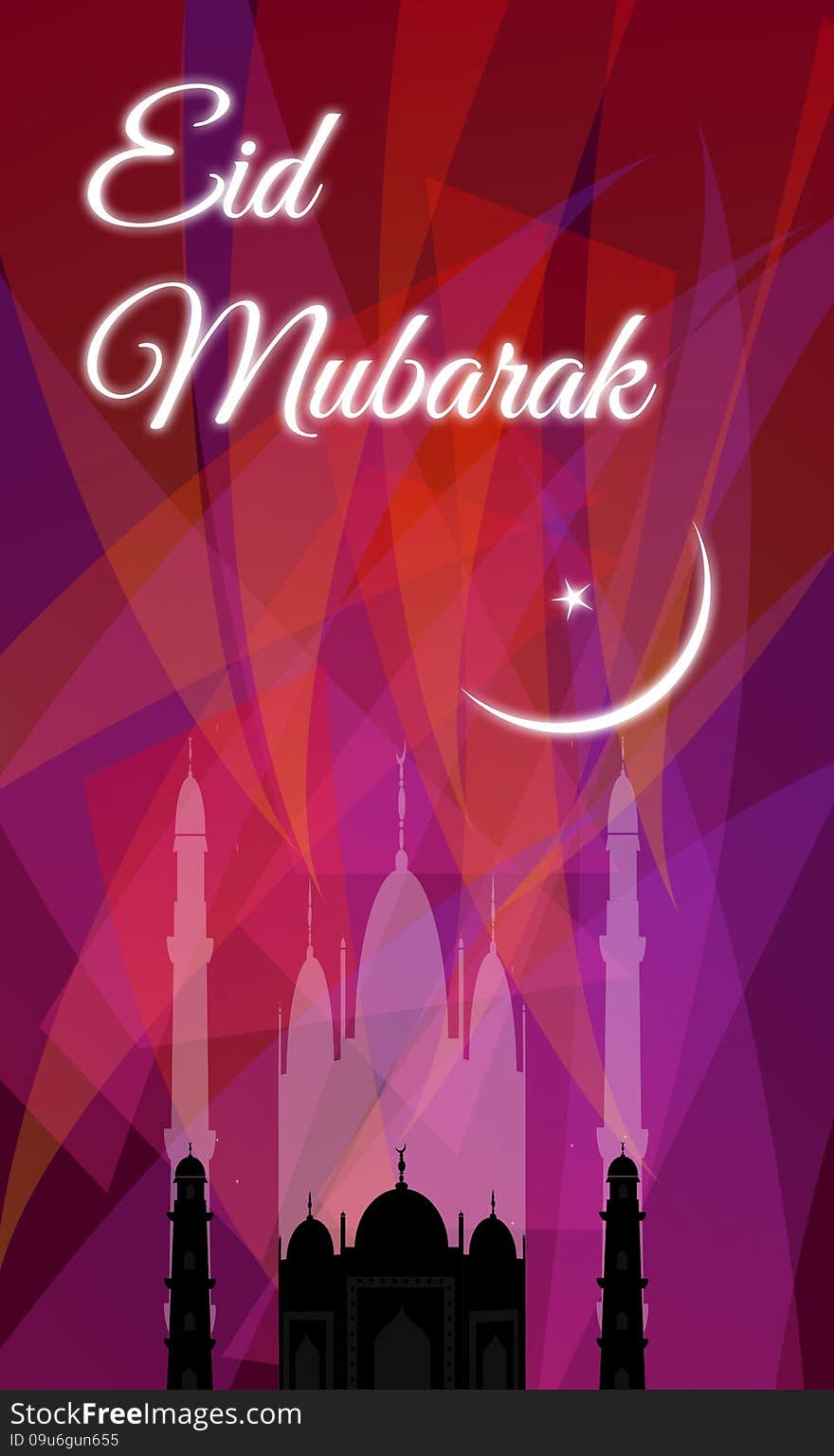 Beautiful Eid Mubarak Greeting Card. Mosque silhouette.