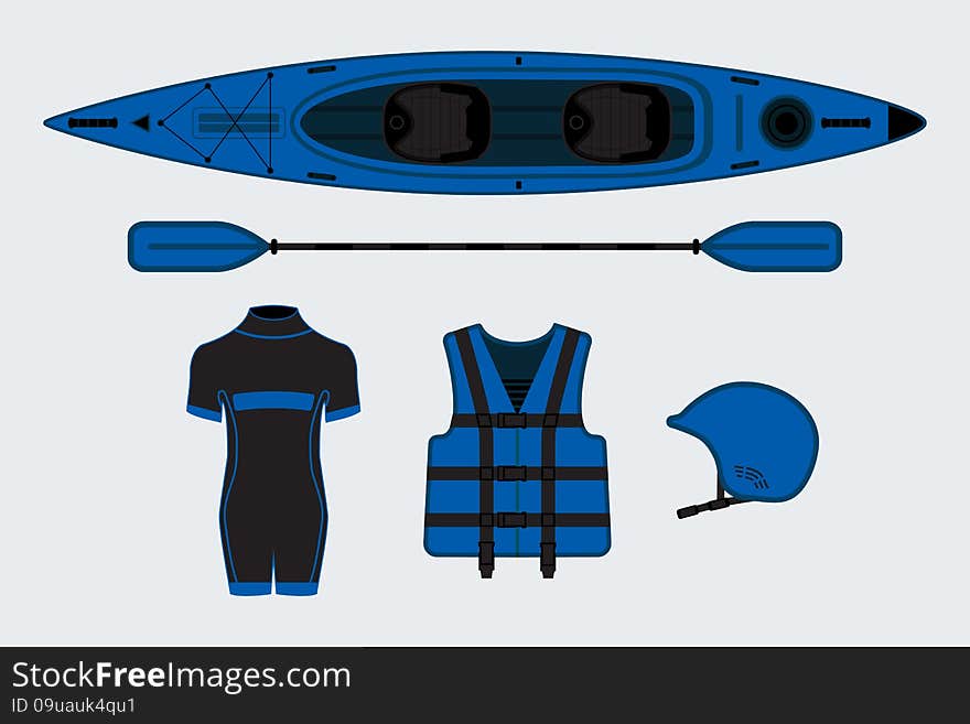 Blue Flat Rafting Set With Kayak, Helmet, Paddle, Suit