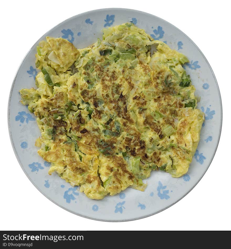 Scrambled eggs with chopped green onion isolate on white