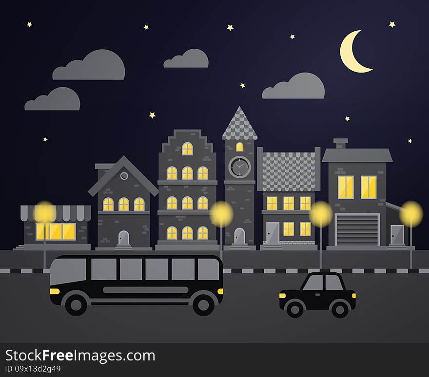 Flat city night vector illustration