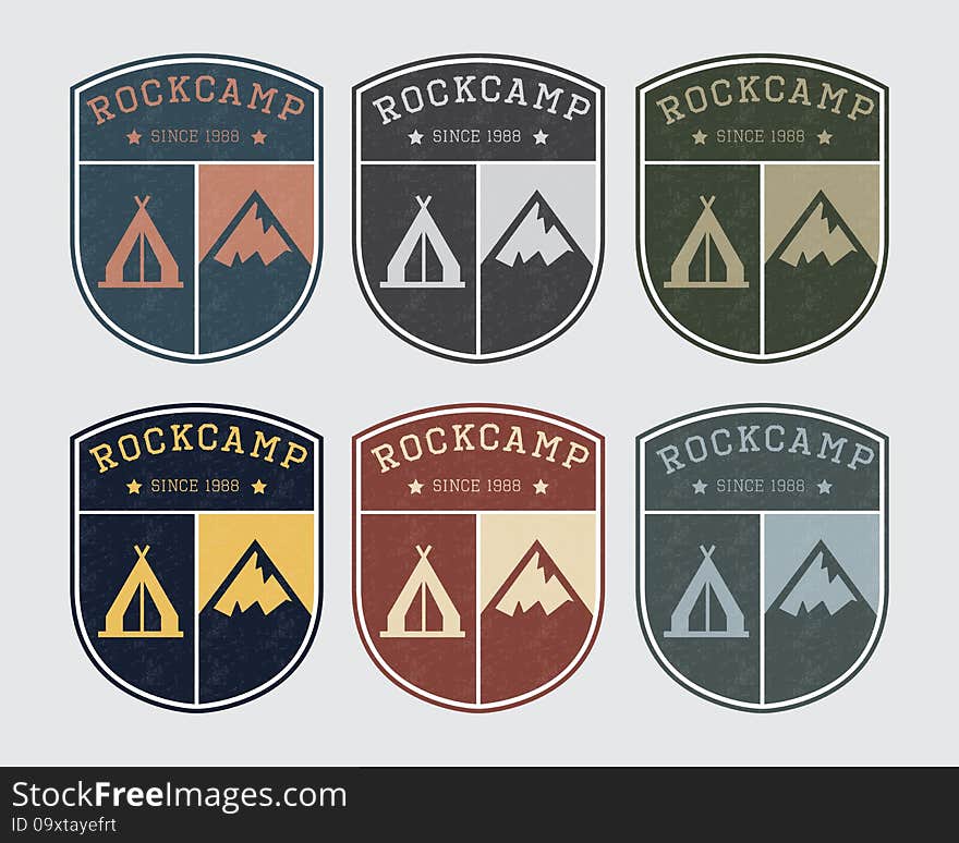 Badge logo camp with rock and tent. Vintage style, different colors, eps 10