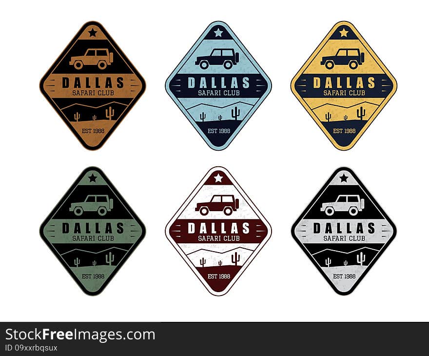 Safari club vector set in 6 colors in vintage style