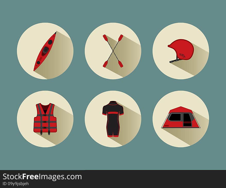 Rafting Set Icons With Shadows In Red Color