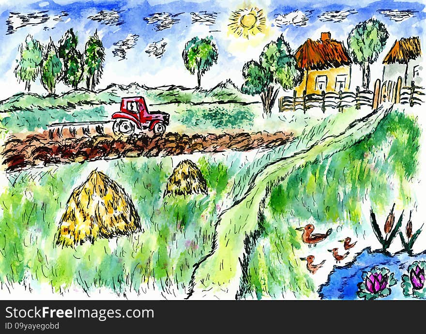 Simple watercolor painted sketch of countryside landscape. Simple watercolor painted sketch of countryside landscape.