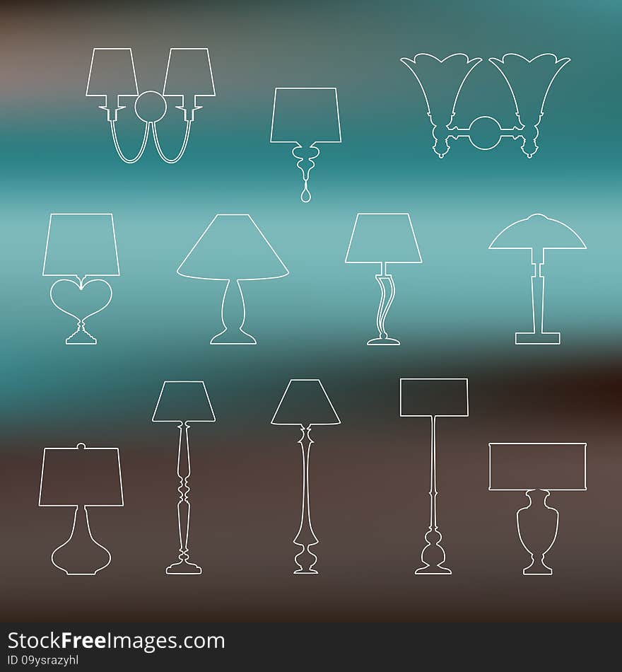 Set of linear silhouettes of lamps and sconces on blurred background