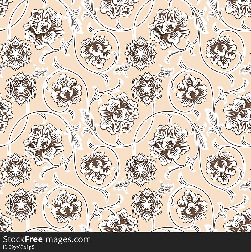 Asian ornament with flowers on beige background. Seamless pattern