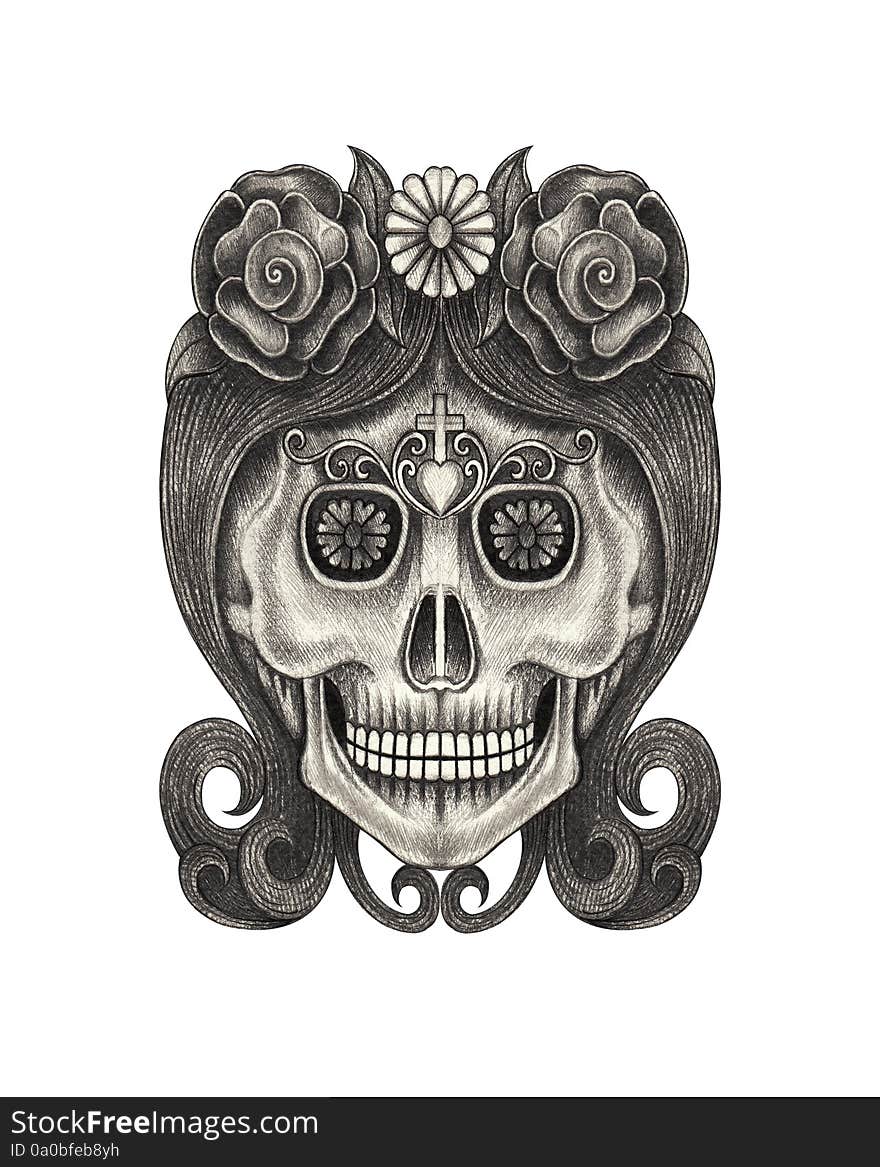 Art design women head skull day of the dead festival hand pencil drawing on paper. Art design women head skull day of the dead festival hand pencil drawing on paper.