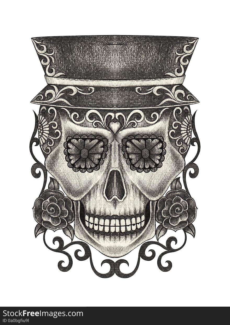 Art design skull head day of the dead festival hand pencil drawing on paper. Art design skull head day of the dead festival hand pencil drawing on paper.