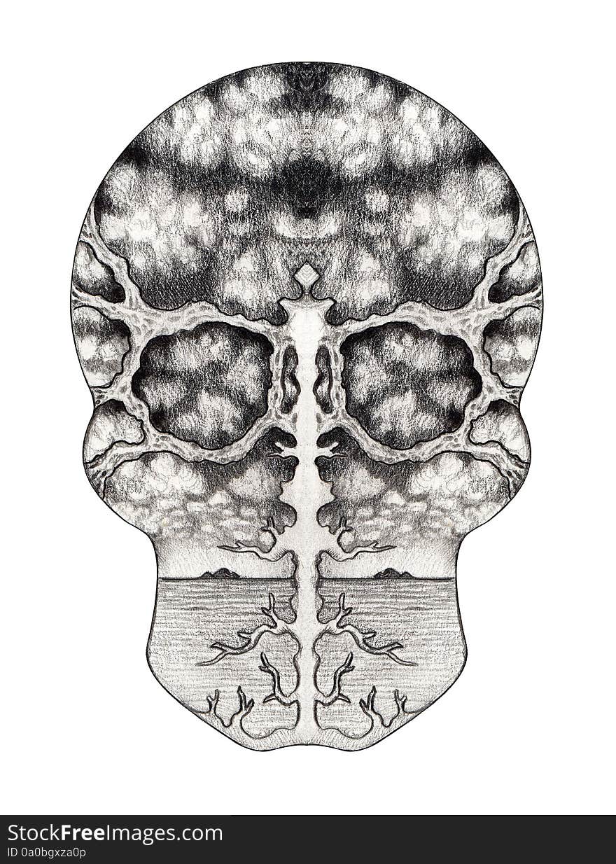 Art design skull head mix cloud and nature hand pencil drawing on paper. Art design skull head mix cloud and nature hand pencil drawing on paper.