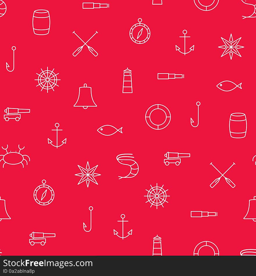 Marine line icons seamless pattern on red background