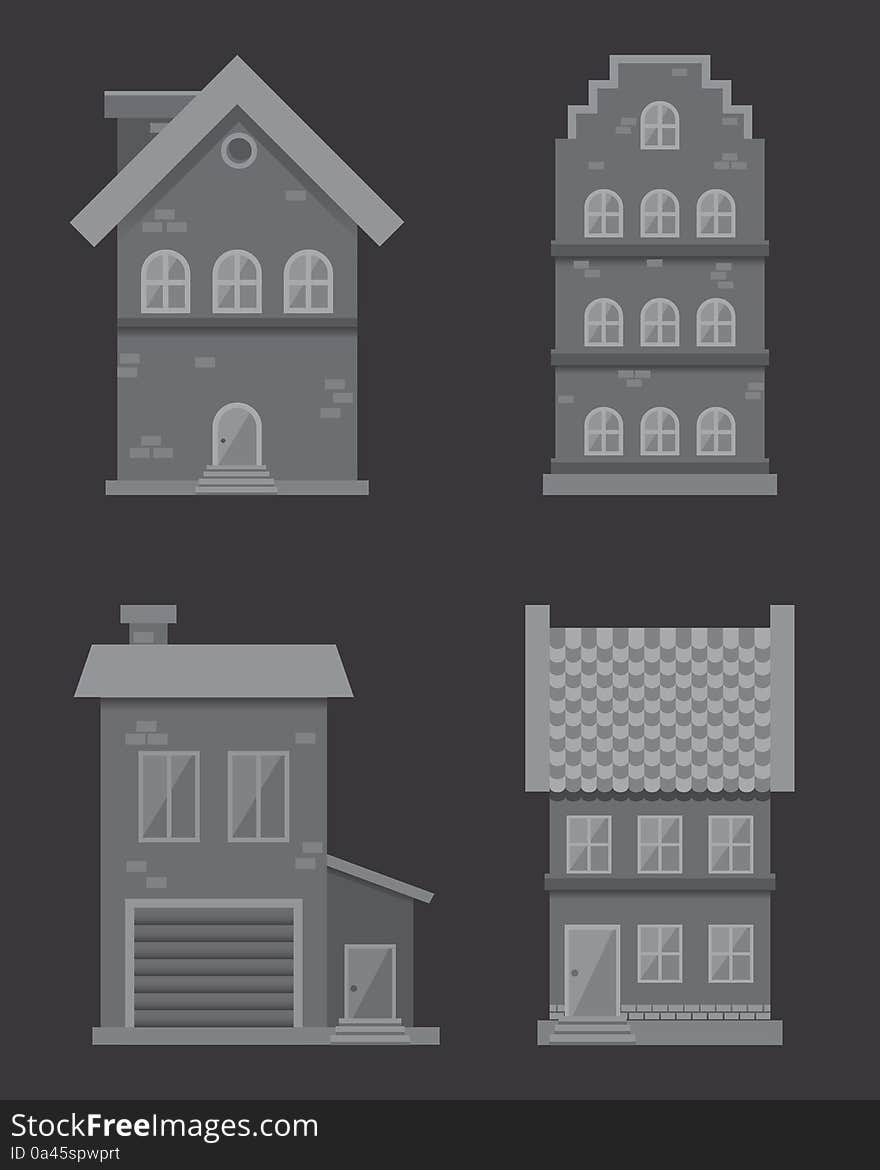 Set of flat monochrome vector houses, eps 10