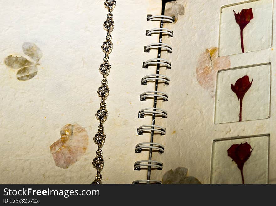 Floral silver bracelet on vintage paper book with spiral and dry flowers