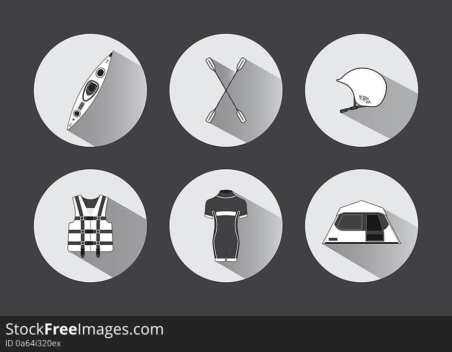 Flat rafting icons in black and white with long shadows