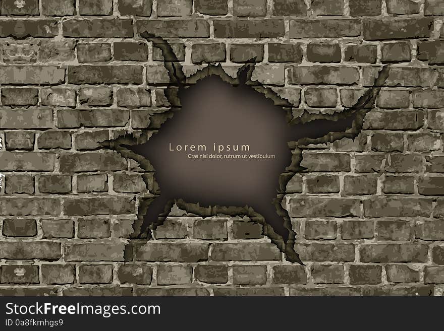 Hole in the brick wall with shadows and text