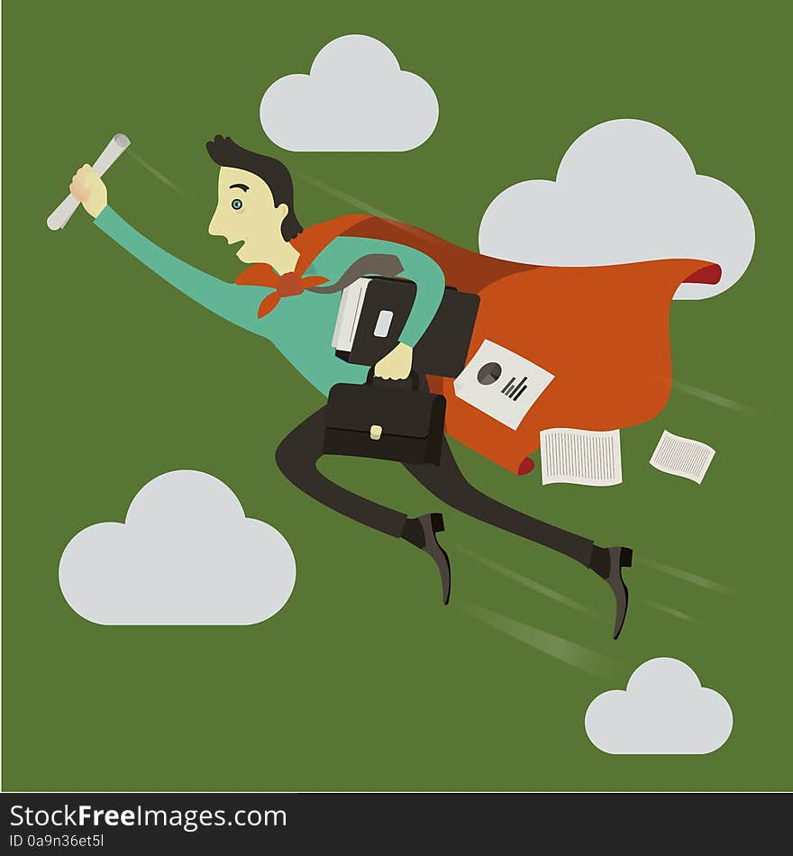 A businessman flying ahead, in whose hands is a briefcase. A businessman flying ahead, in whose hands is a briefcase.