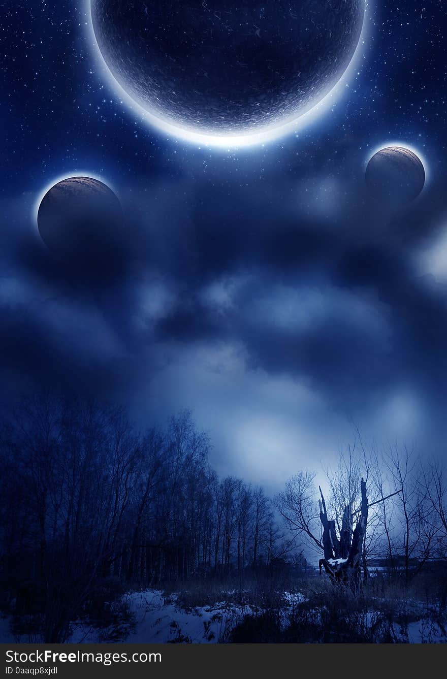 Planets above earth, fantastic night scene illustration. Planets above earth, fantastic night scene illustration.