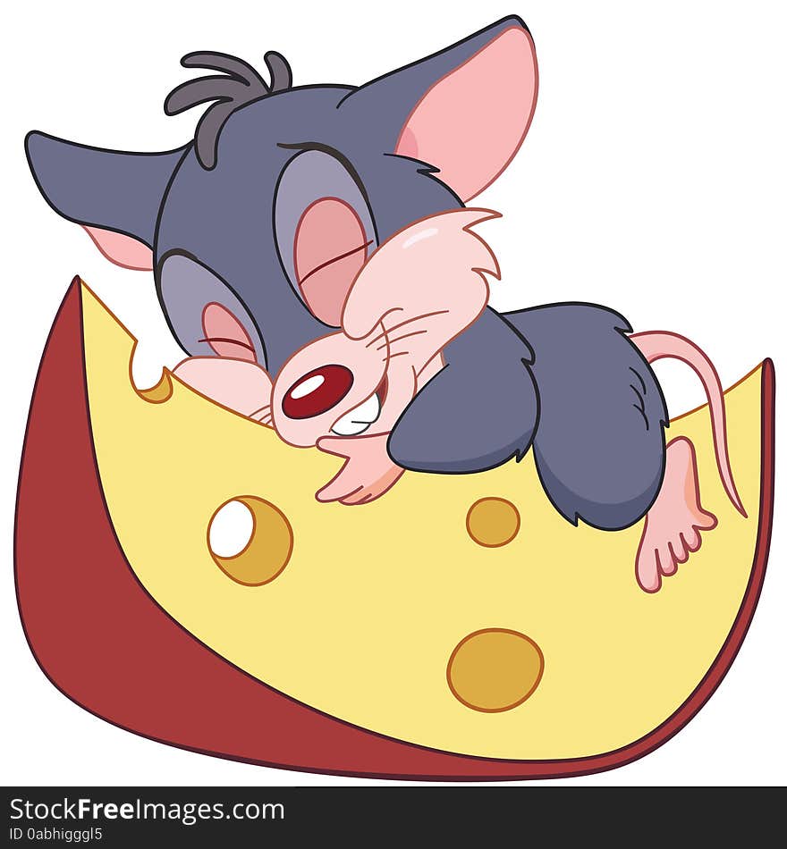 Mouse is sleeping on a piece of cheese. Mouse is sleeping on a piece of cheese