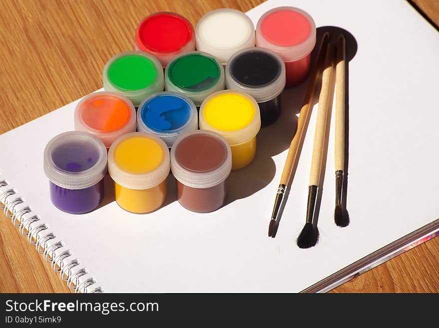 Set Of Watercolor Paints And Brushes