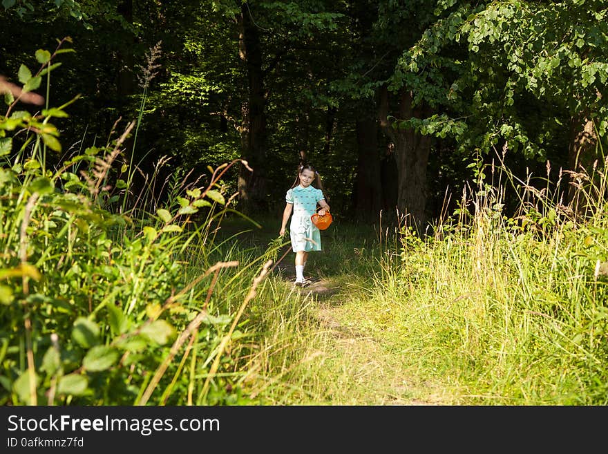 Little smiling girl in green dress goes out of the forest on sunny summer day. Little smiling girl in green dress goes out of the forest on sunny summer day