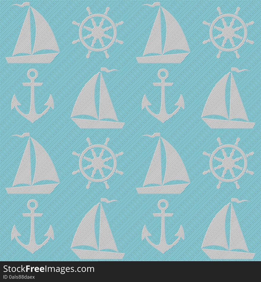 Blue Seamless Pattern With Boats, Anchors And Helms.