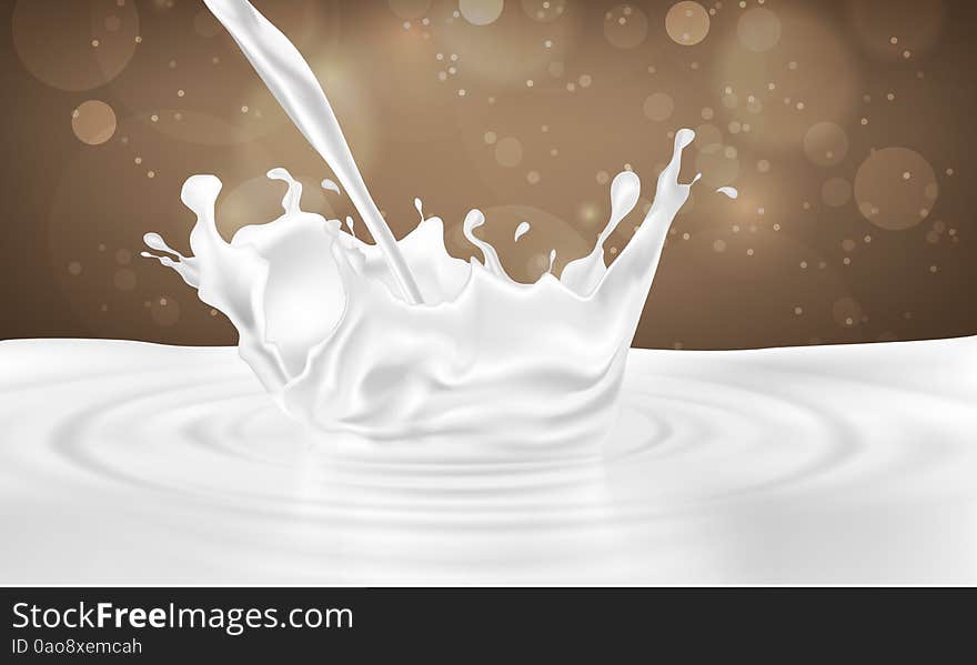 Pouring milk drink splashing into milk on a chocolate background