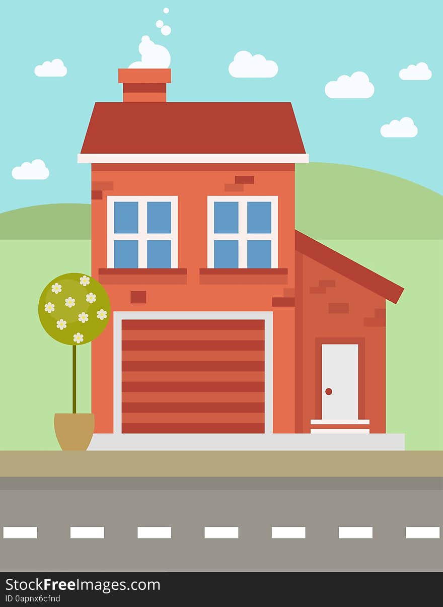 Colorful  red flat house with  garage, Vector illustration. Colorful  red flat house with  garage, Vector illustration