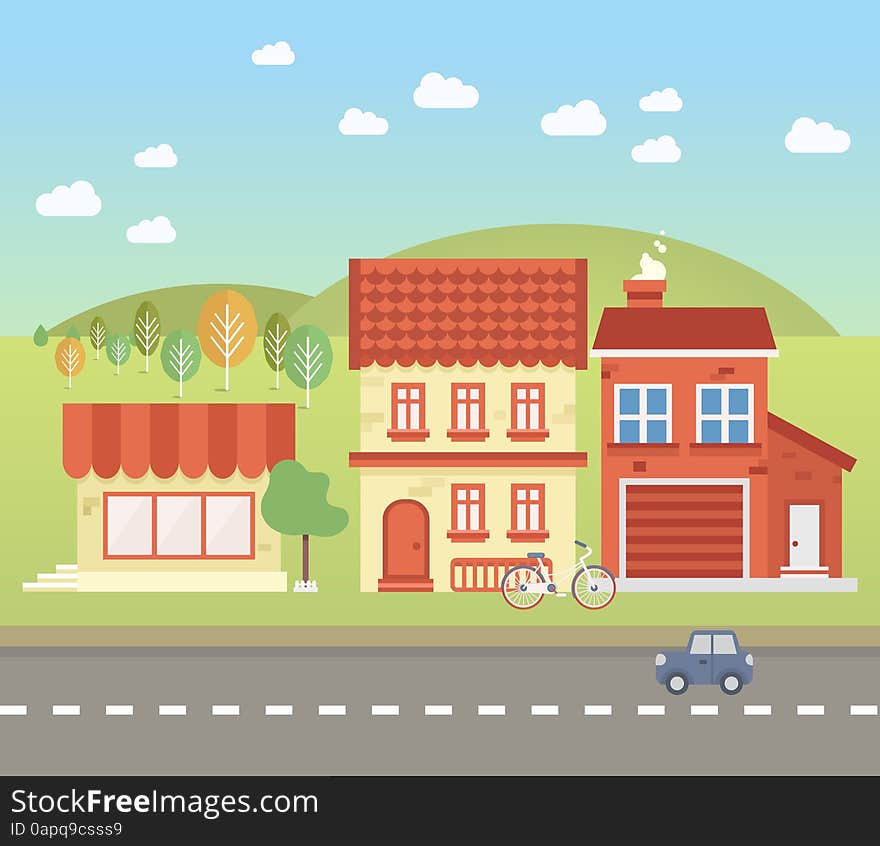 Small town's street, with transport and trees. Vector illustration. Small town's street, with transport and trees. Vector illustration