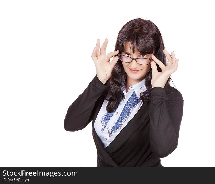 Portrait of a beautiful young business woman in black jacket with glasses on white background. Portrait of a beautiful young business woman in black jacket with glasses on white background