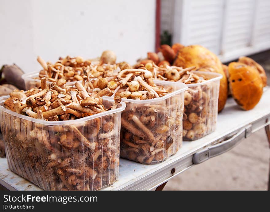 Fresh Mushrooms On A Counter