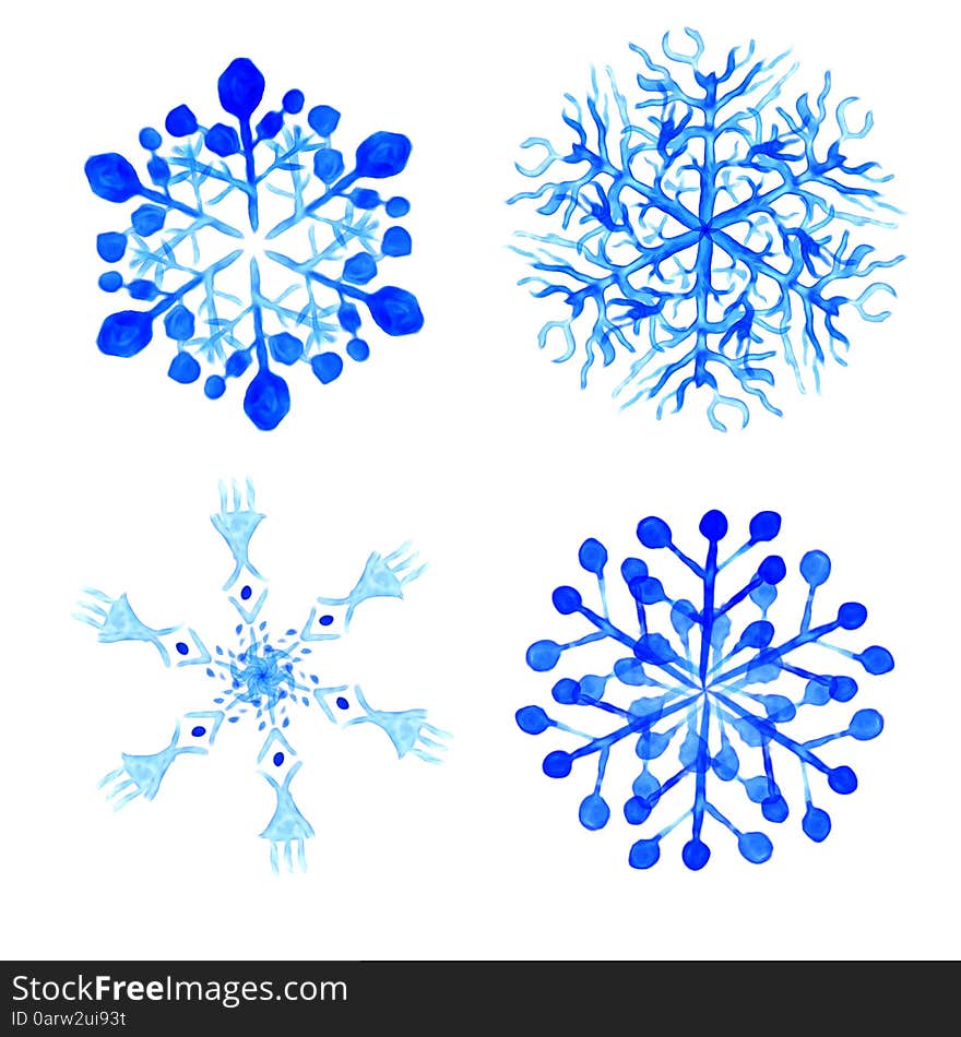 Fantasy blue watercolor snowflakes on white background. Vector illustration. Fantasy blue watercolor snowflakes on white background. Vector illustration