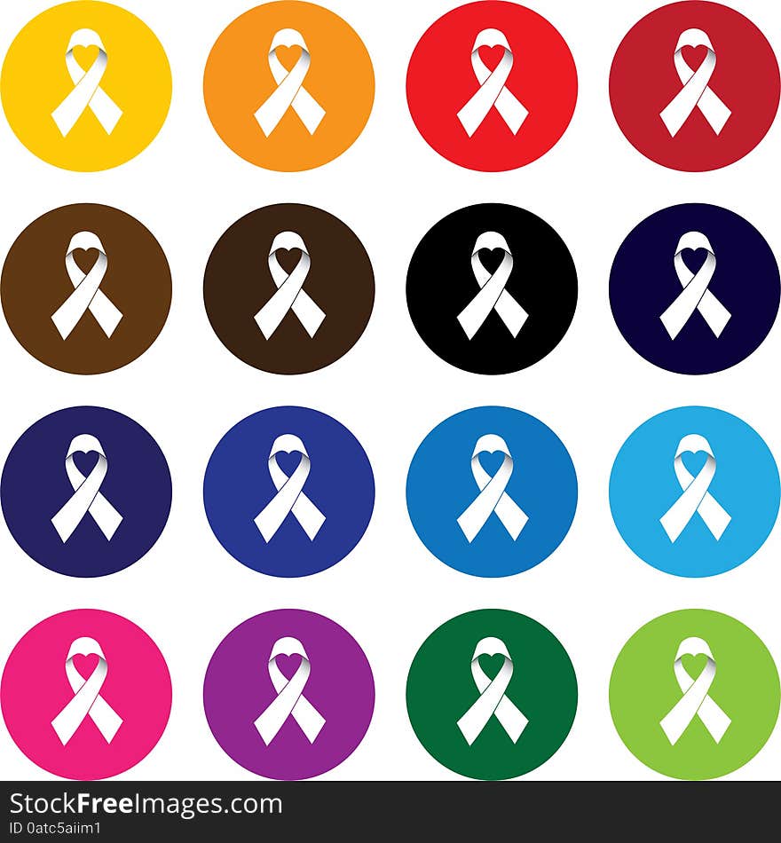 Pink ribbon, breast cancer awareness vector icon circle button set in different colors isolated on white background