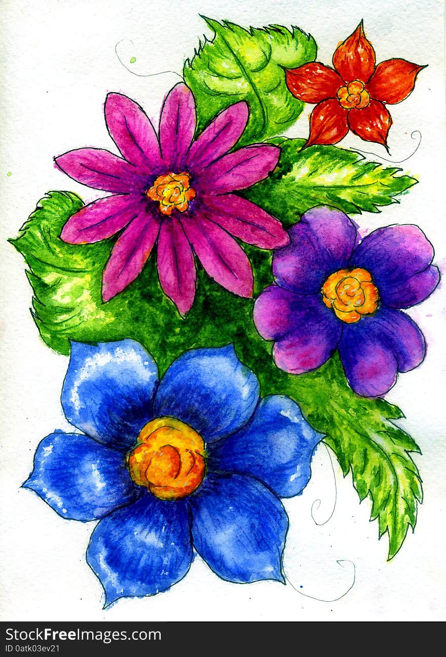 Decorative ornament with colorful flowers painted in watercolor. Decorative ornament with colorful flowers painted in watercolor.