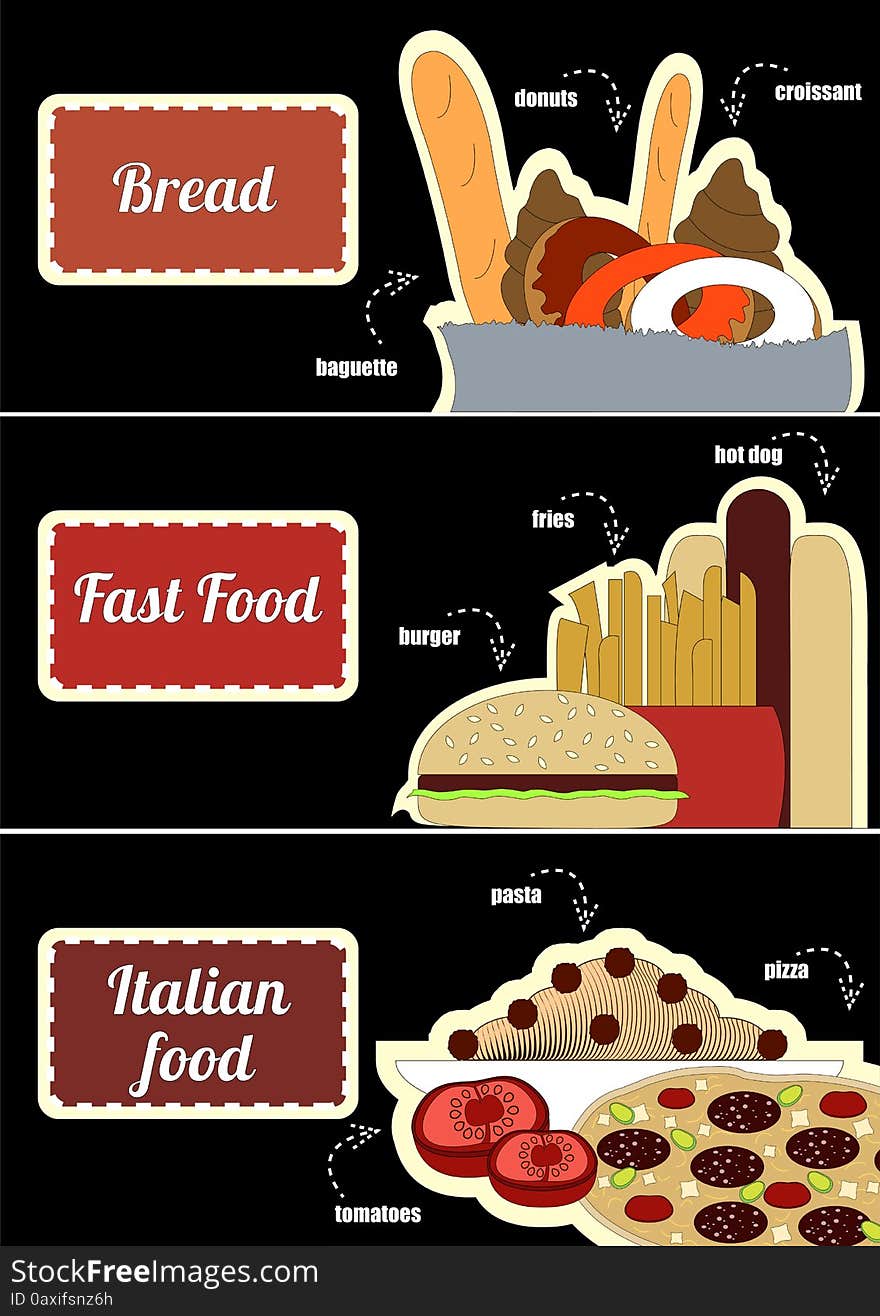 Set of leaflets from three pieces with the image of bread, muffin, fast food and Italian cuisine. Set of leaflets from three pieces with the image of bread, muffin, fast food and Italian cuisine