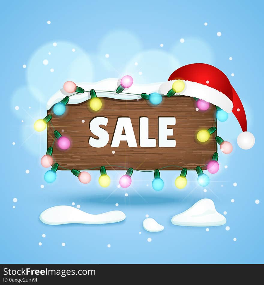 Wooden sign with Sale text, christmas lights and christmas hat. Winter background. Vector illustration