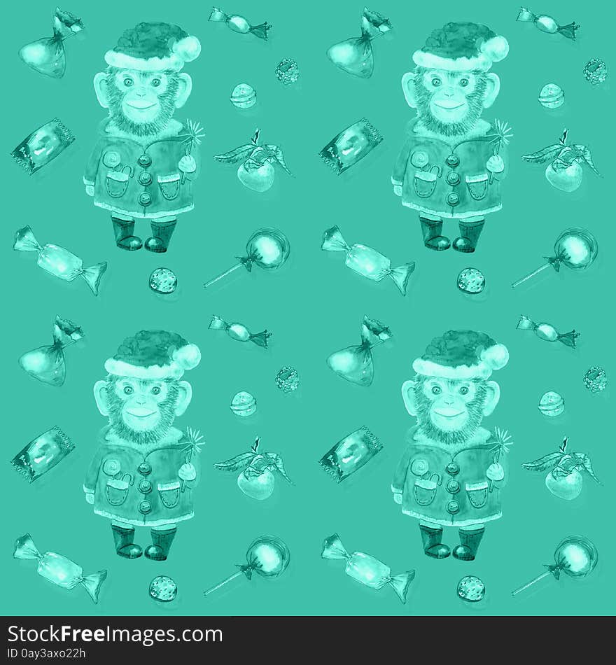 Green print with sweets and a smiling monkey in a New Year's suit and Christmas hat on a green background. Merry Christmas and Happy New Year watercolor illustration for design of invitations, movie posters, fabrics, fashion print and textile. Chinese zodiac monkey, 2016 year of the monkey. Green print with sweets and a smiling monkey in a New Year's suit and Christmas hat on a green background. Merry Christmas and Happy New Year watercolor illustration for design of invitations, movie posters, fabrics, fashion print and textile. Chinese zodiac monkey, 2016 year of the monkey.