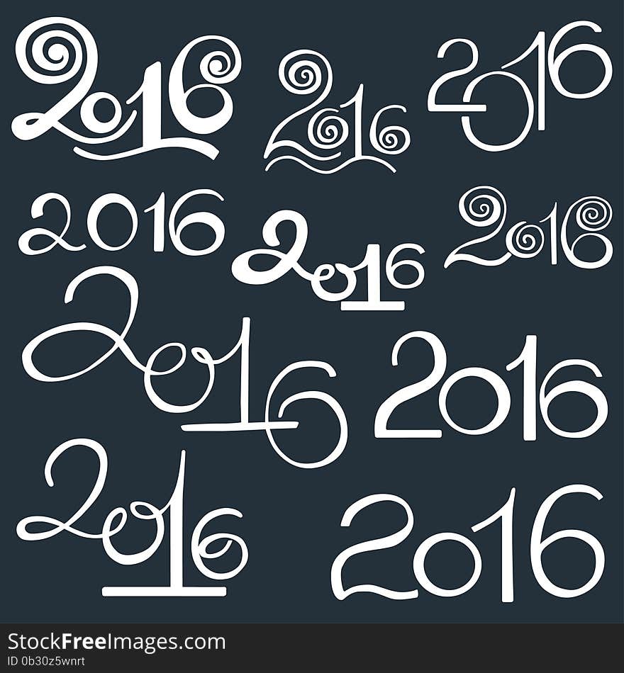 Happy New 2016 Year and Merry Christmas. Calligraphic hand drawn character lettering sign set 10 in 1