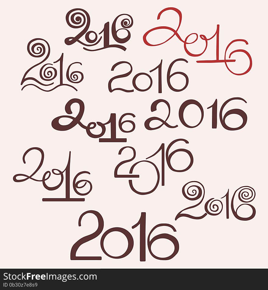 Happy New 2016 Year and Merry Christmas. Calligraphic hand drawn character lettering sign set 10 in 1