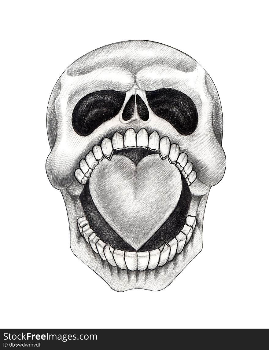 Art design head skull mix heart for tattoo hand pencil drawing on paper. Art design head skull mix heart for tattoo hand pencil drawing on paper.