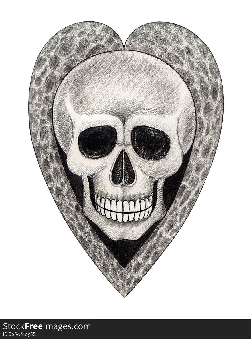 Art design head skull mix heart for tattoo hand pencil drawing on paper. Art design head skull mix heart for tattoo hand pencil drawing on paper.