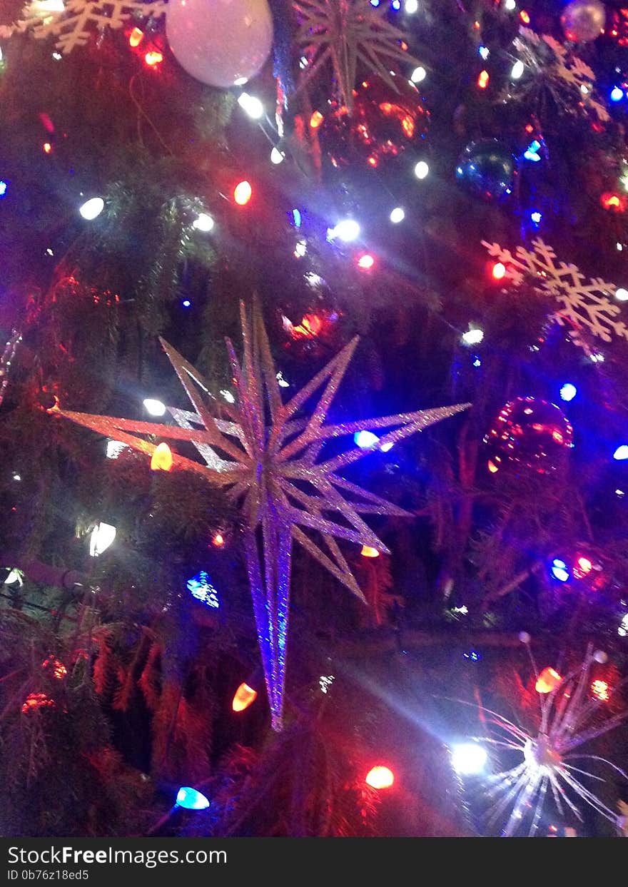 Decorations and Lights on a Christmas Tree in Bryant Park.